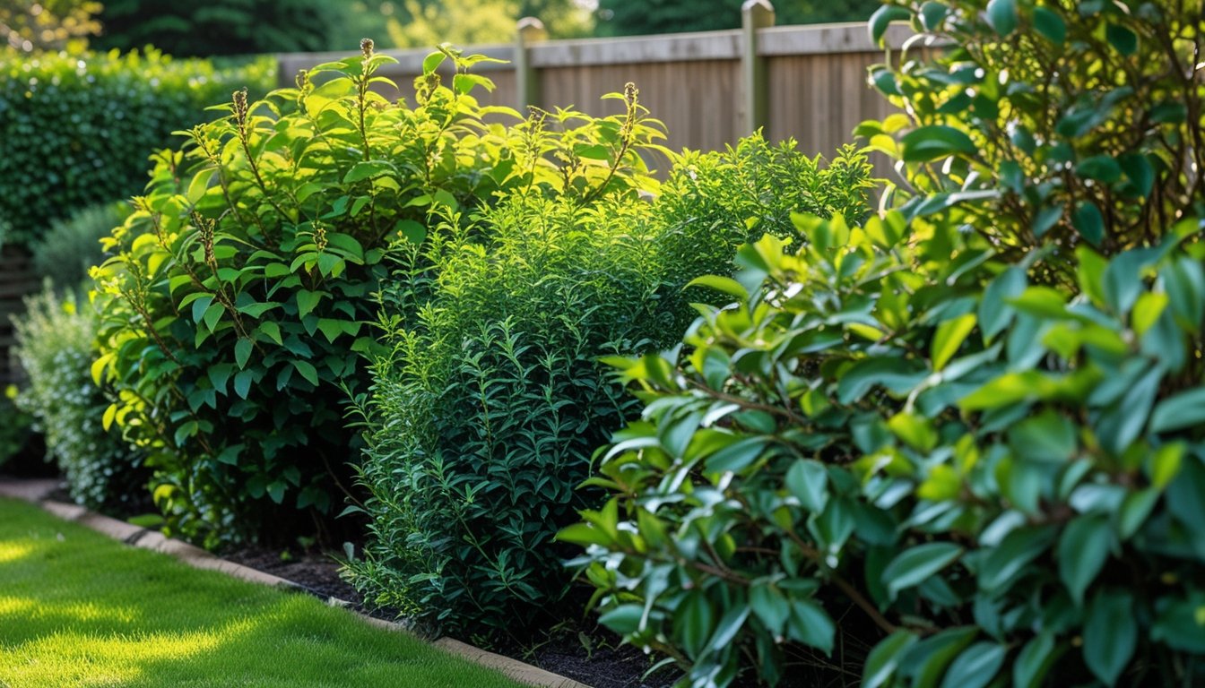 A dense hedge of native UK bushes providing privacy along a garden boundary with green leaves and a wooden fence in the background.