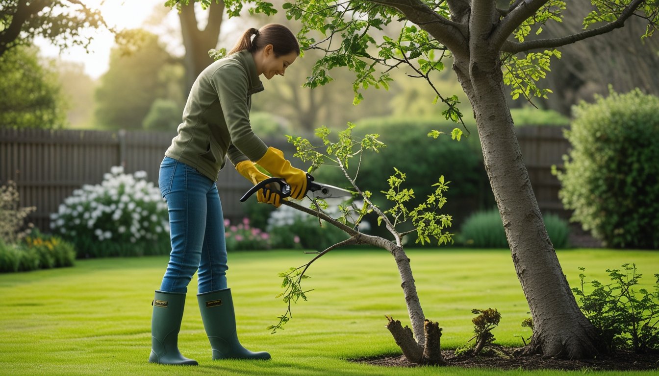 A person pruning branches from a native tree in a green UK garden with shrubs and a wooden fence in the background.