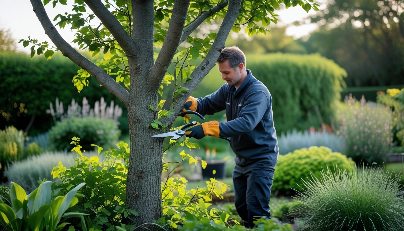A gardener pruning branches of a native tree in a well-kept UK garden with green plants and natural light.