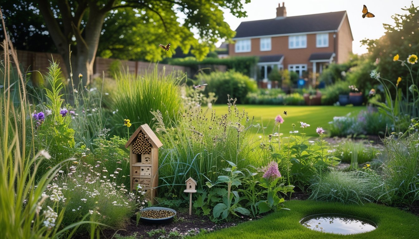 A UK garden with wildflowers, native plants, an insect hotel, and birds, showing a mix of natural and cultivated areas.