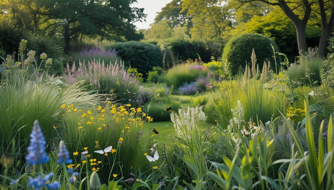 A UK garden with wildflowers, tall grasses, insects, and birds among trees and shrubs.