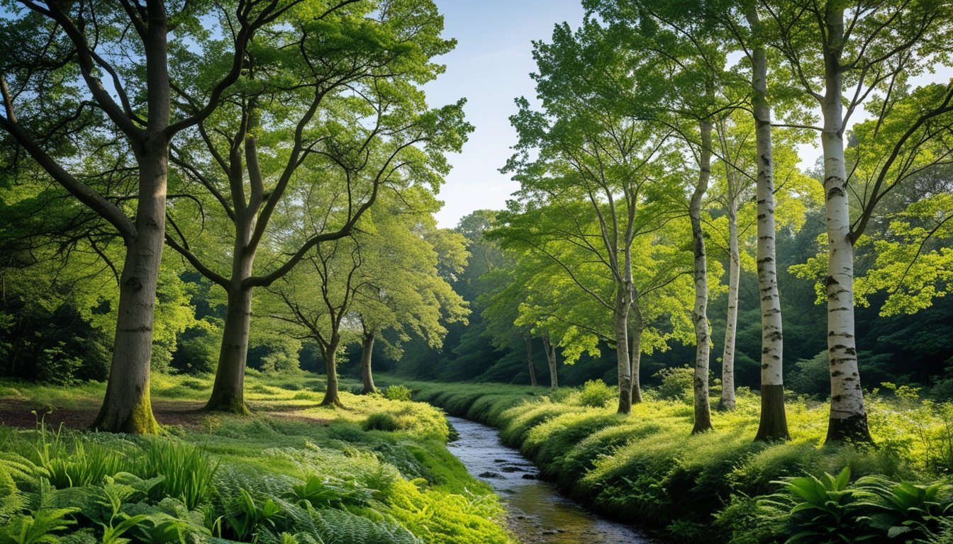 A variety of native UK trees including oak, ash, birch, and beech in a green woodland with sunlight filtering through the leaves and a small stream flowing in the background.