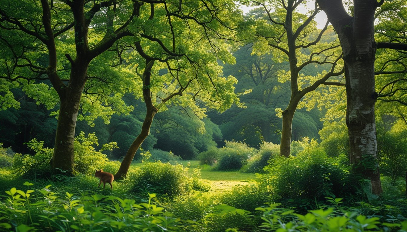 A peaceful UK woodland with native trees, green foliage, and sunlight filtering through the branches.