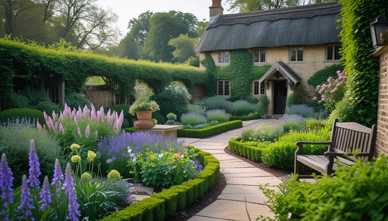 A traditional UK garden with native plants, stone pathways, hedgerows, and a historic cottage in the background.