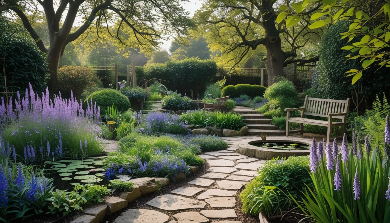 A native UK garden with a stone path, wooden bench, pond, and various native plants and trees in natural daylight.