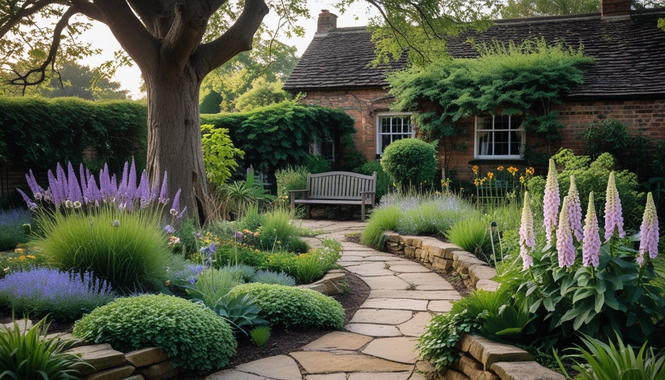 A traditional UK garden with native plants, a stone path, a wooden bench under an oak tree, and a brick cottage in the background.