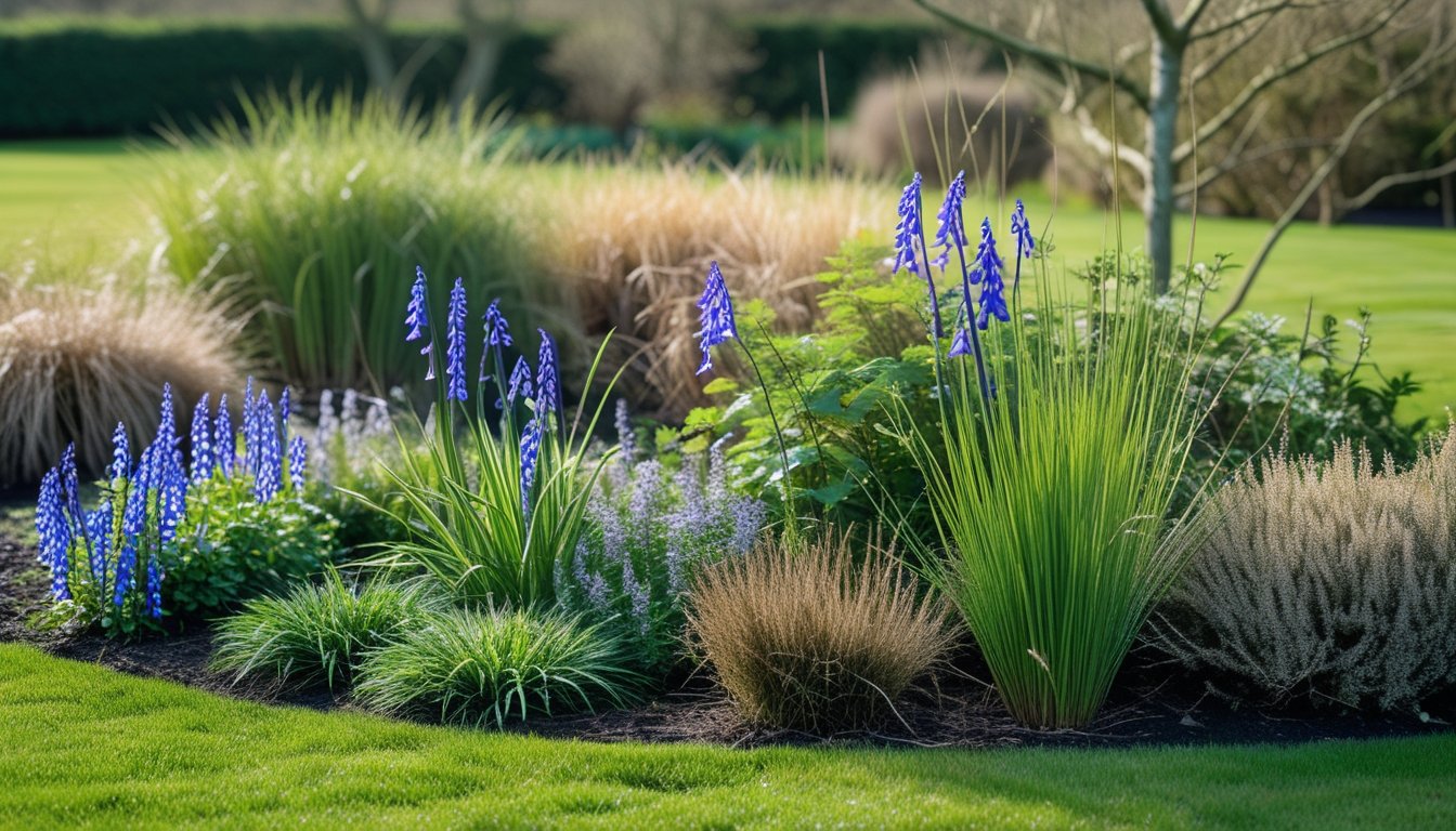A garden filled with native UK plants like bluebells, foxgloves, heather, and wild grasses under natural daylight.