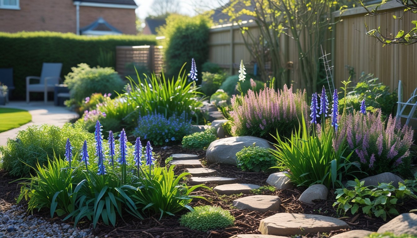 A garden with a variety of native UK plants including bluebells and foxgloves, with a wooden fence and garden furniture in the background.