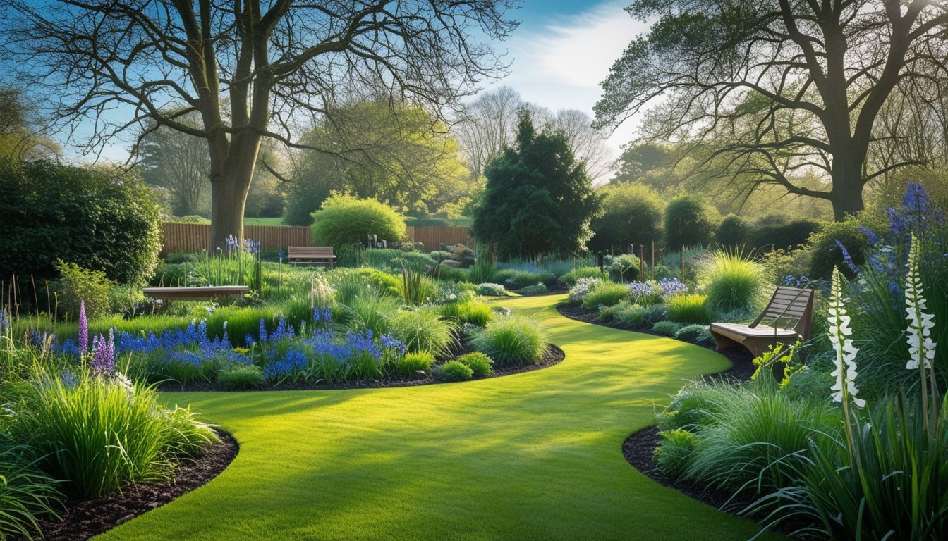 A garden with native UK plants including bluebells and foxgloves, surrounded by trees and a wooden bench under a clear sky.
