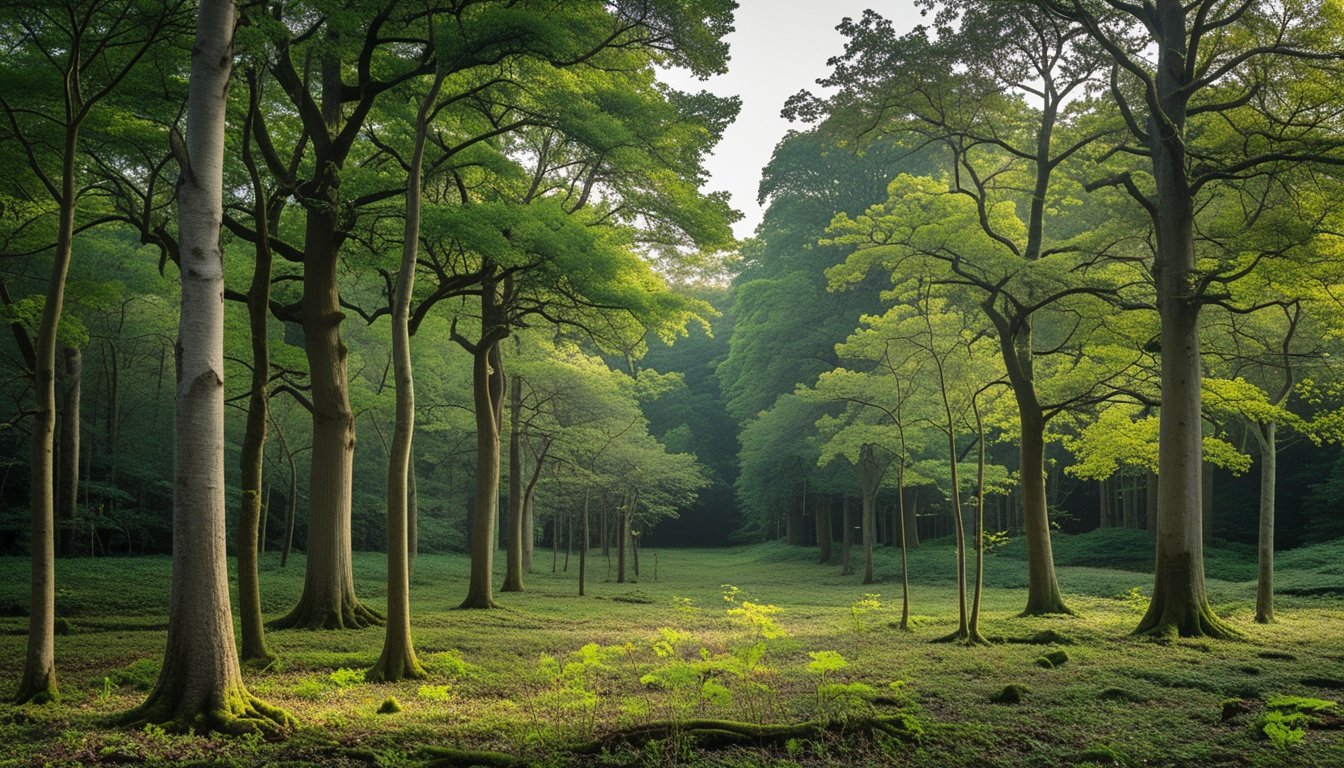 A peaceful forest with native UK trees at different growth stages, including mature trees and young saplings, under soft sunlight.