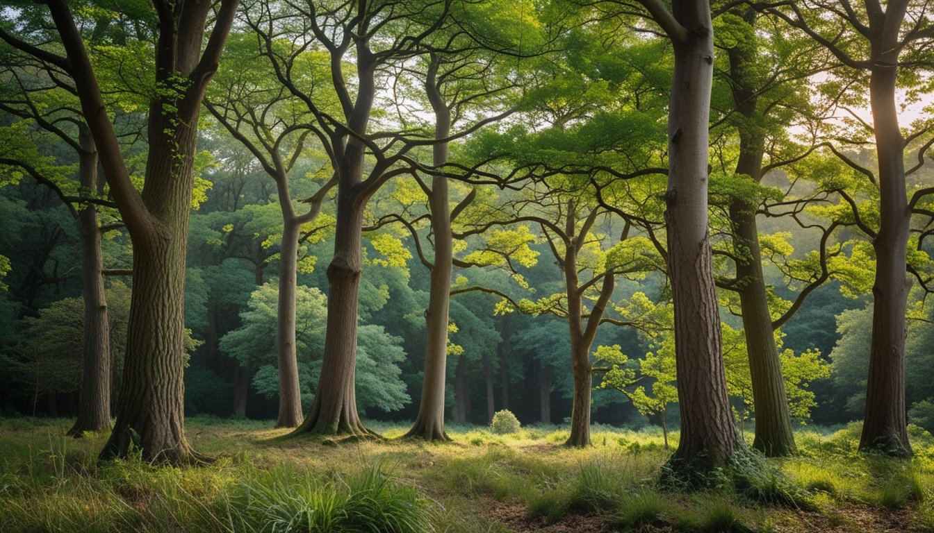 A peaceful UK woodland scene showing various native trees with green leaves and textured bark under soft sunlight.