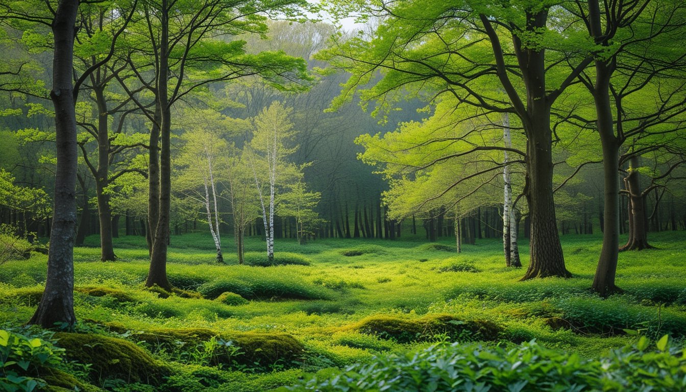 A peaceful UK woodland with various native trees at different growth stages and sunlight filtering through the leaves.