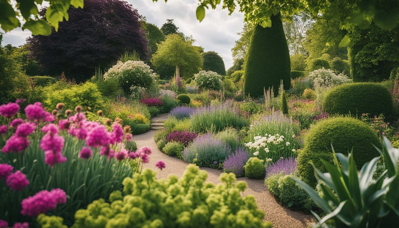 A vibrant garden with rare UK plants in bloom, showcasing a variety of colors, textures, and sizes. The plants are arranged in a unique and visually appealing way, creating an enchanting and diverse landscape