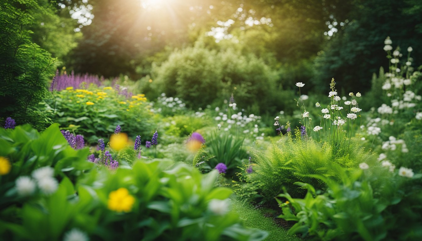 Lush green garden with vibrant rare British flora in bloom, showcasing unique native UK plants