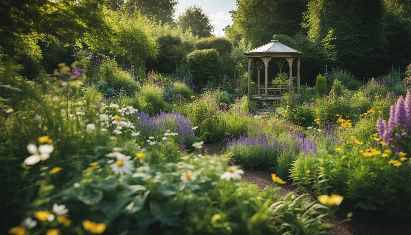 A lush garden filled with rare native UK plants, buzzing with bees and fluttering with butterflies. A diverse array of colors and textures create a vibrant and unique landscape, supporting biodiversity