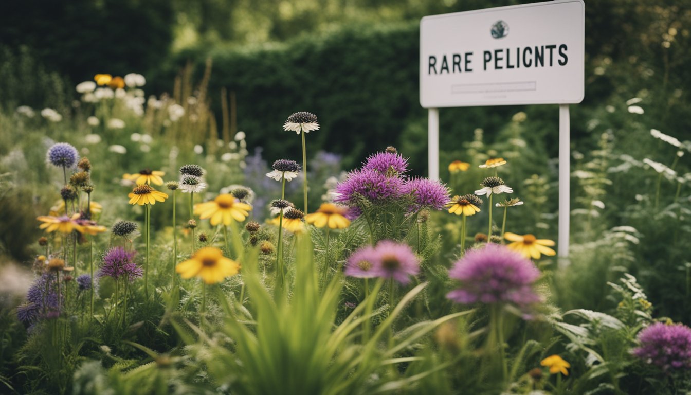 Colorful UK native plants arranged in a garden, with a sign reading "Rare Native UK Plants" and a group of curious onlookers admiring the unique flora