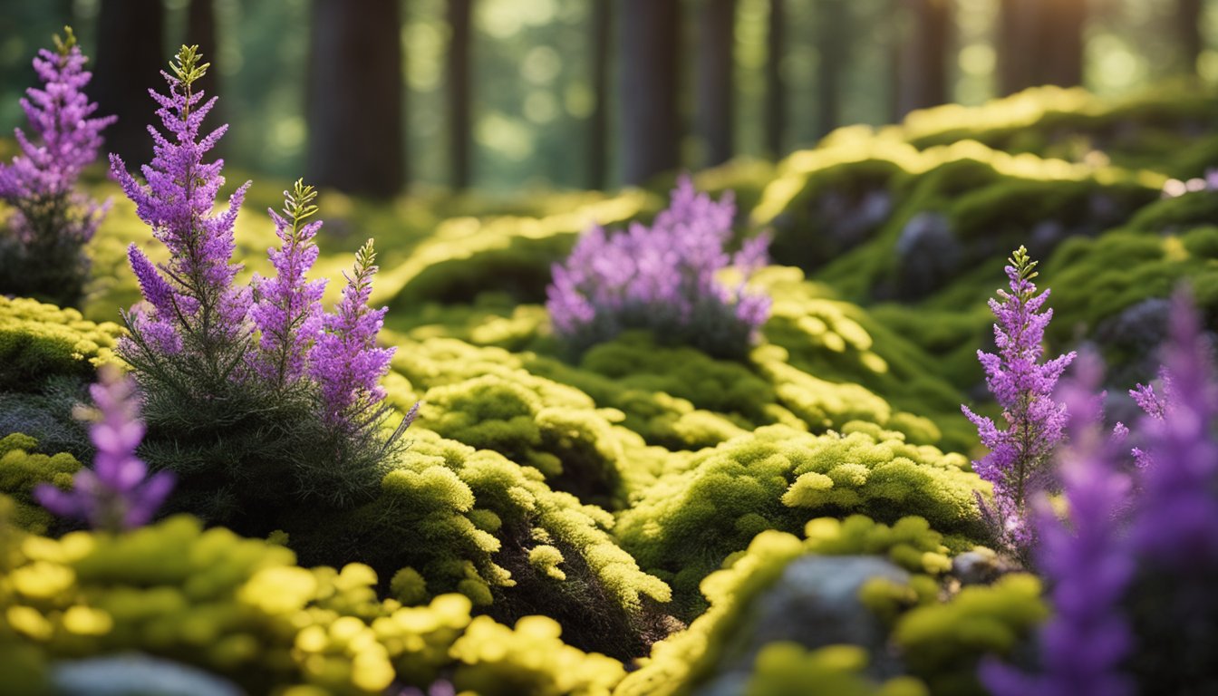 Lush green moss and delicate purple heather blanket the forest floor, while vibrant yellow gorse bushes add a pop of color to the landscape