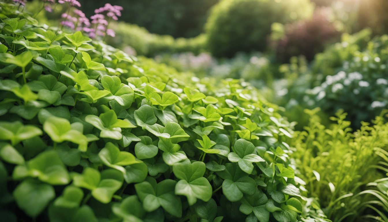 A garden with various native UK groundcover plants, including ivy, thyme, and moss, creating a lush and diverse green carpet across the landscape