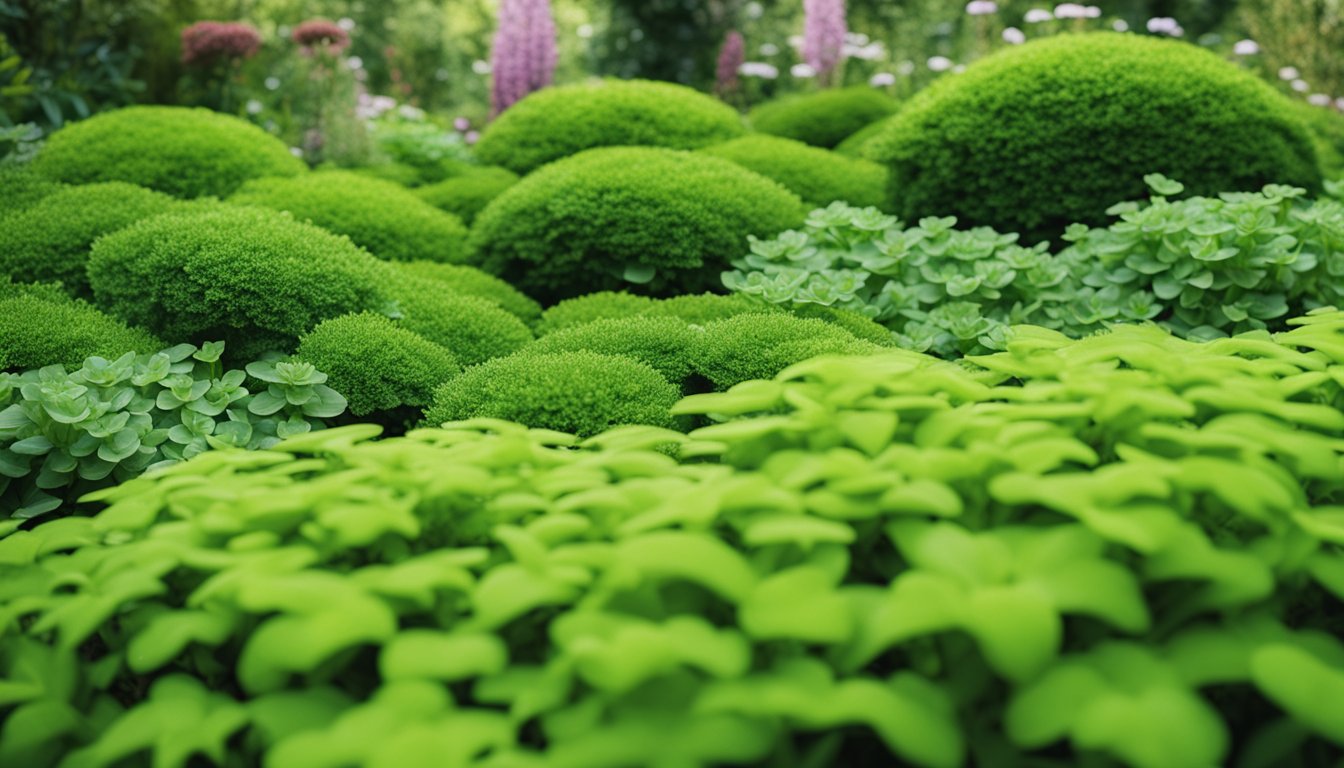 Lush green groundcovers blanket a UK garden, with varieties like creeping thyme and moss creating a vibrant tapestry of native flora