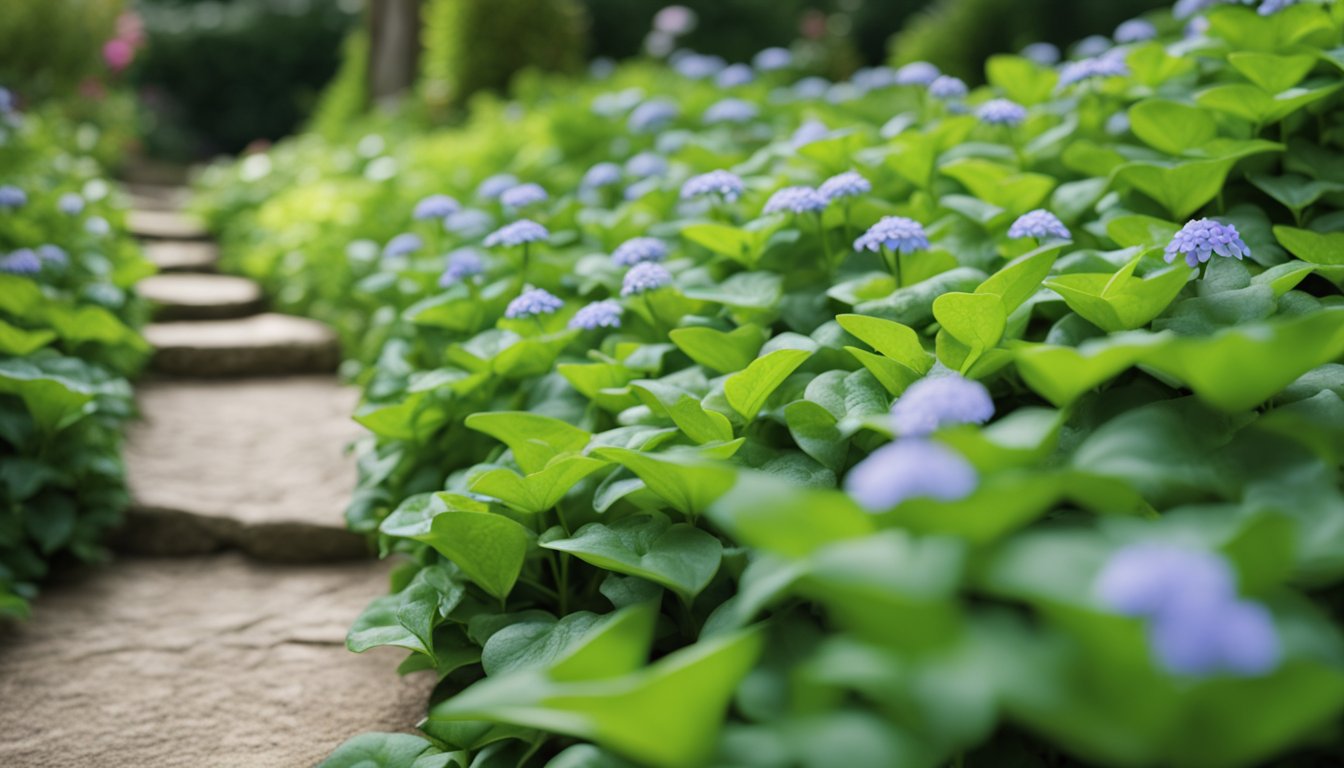 Lush green groundcovers like ivy and periwinkle blanket a garden, with small flowers peeking through. A stone path winds through the foliage