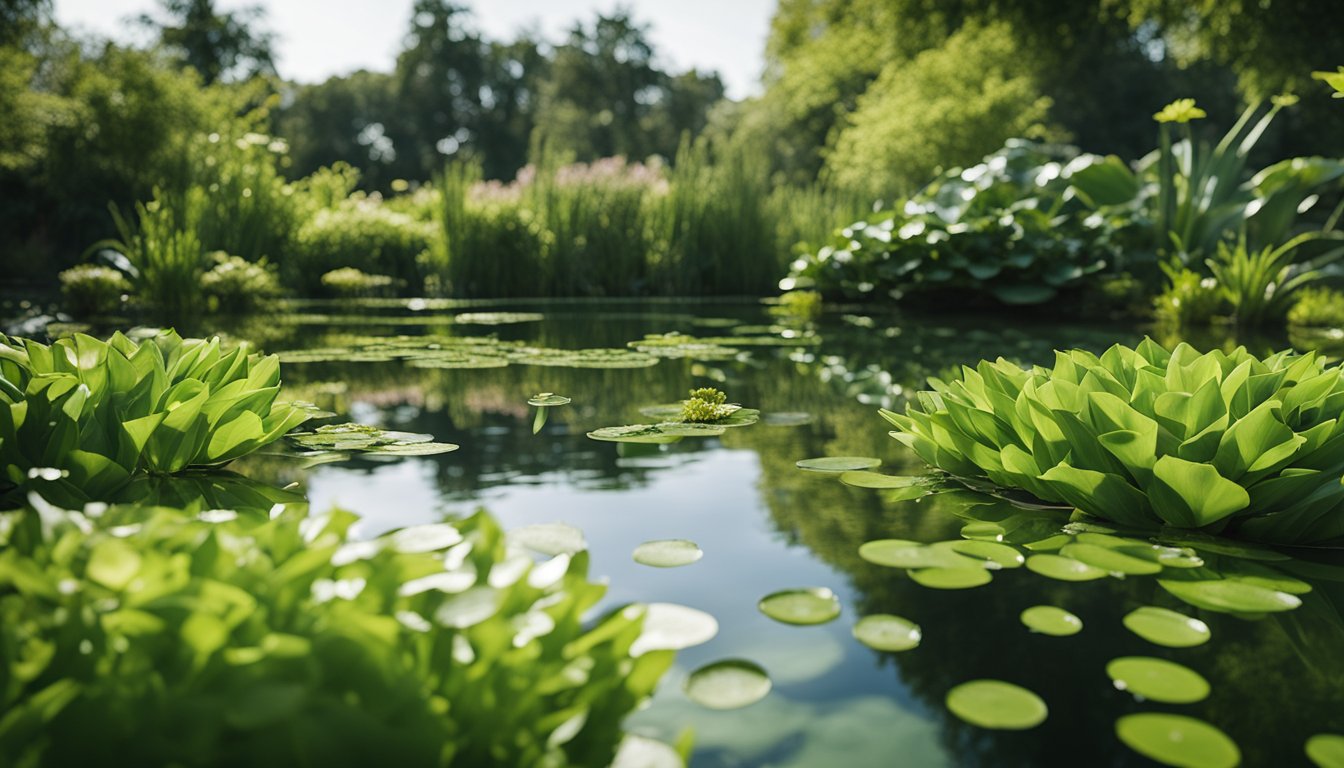 Lush green aquatic plants float and sway in a serene garden pond, their vibrant colors reflecting off the clear water