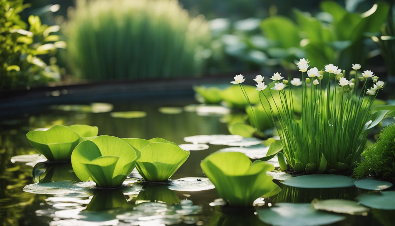 Lush green aquatic plants thrive in a serene garden pond, surrounded by carefully tended soil and clear, flowing water