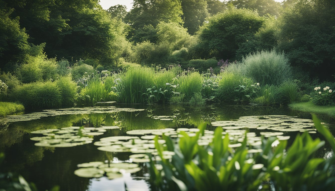 A serene garden pond filled with native UK aquatic plants, surrounded by lush greenery and wildlife