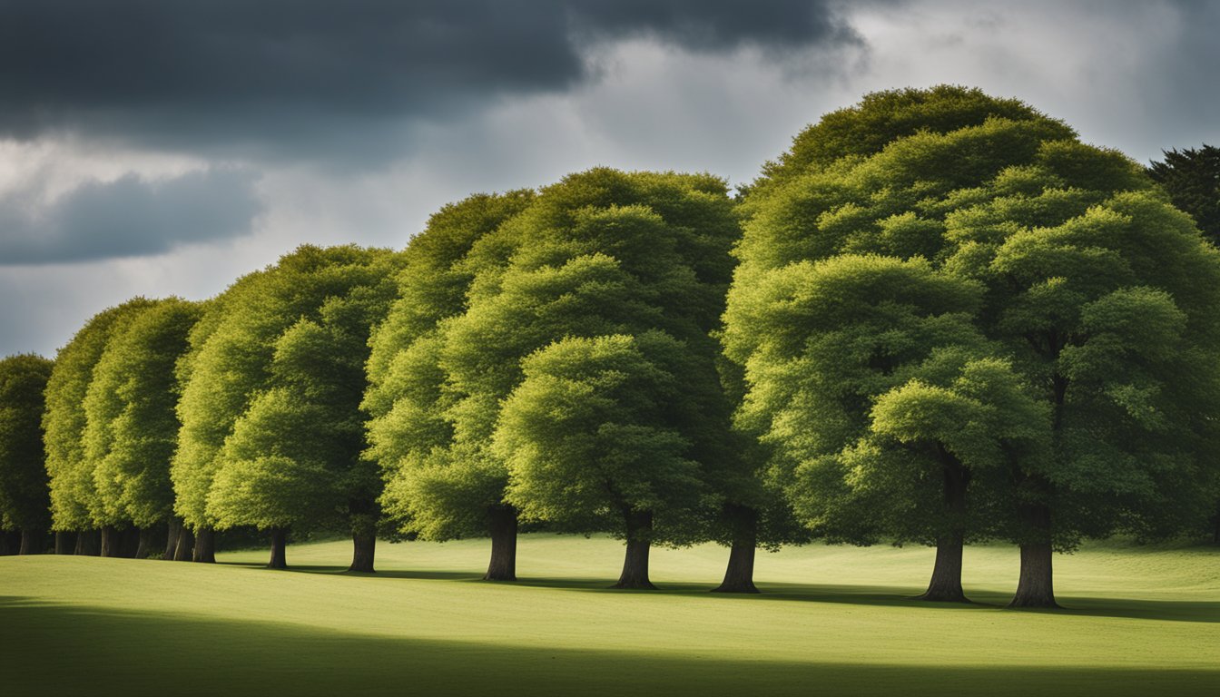 Various native UK trees stand tall in a row, shielding the landscape from strong winds. The trees are carefully selected for their ability to create an effective windbreak