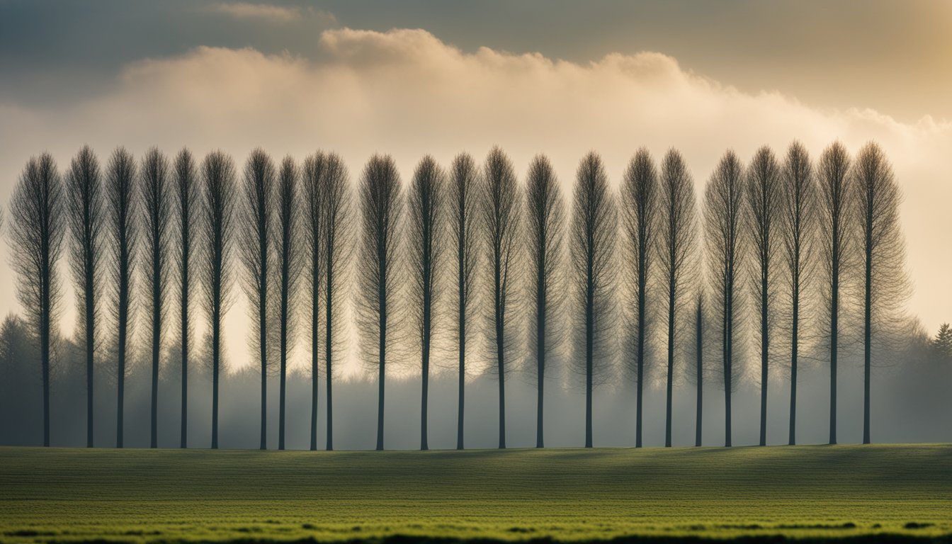 A row of native UK trees planted in a strategic formation to create a windbreak, with varying heights and densities to effectively protect the surrounding area