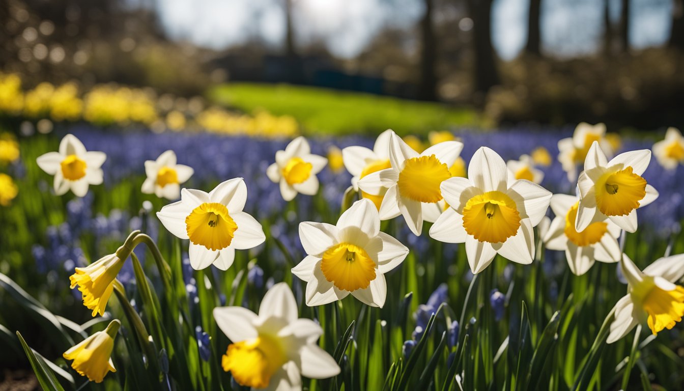 A garden filled with blooming daffodils, snowdrops, and bluebells. The sun shines down on the colorful array of native UK bulbs, creating a vibrant and lively scene