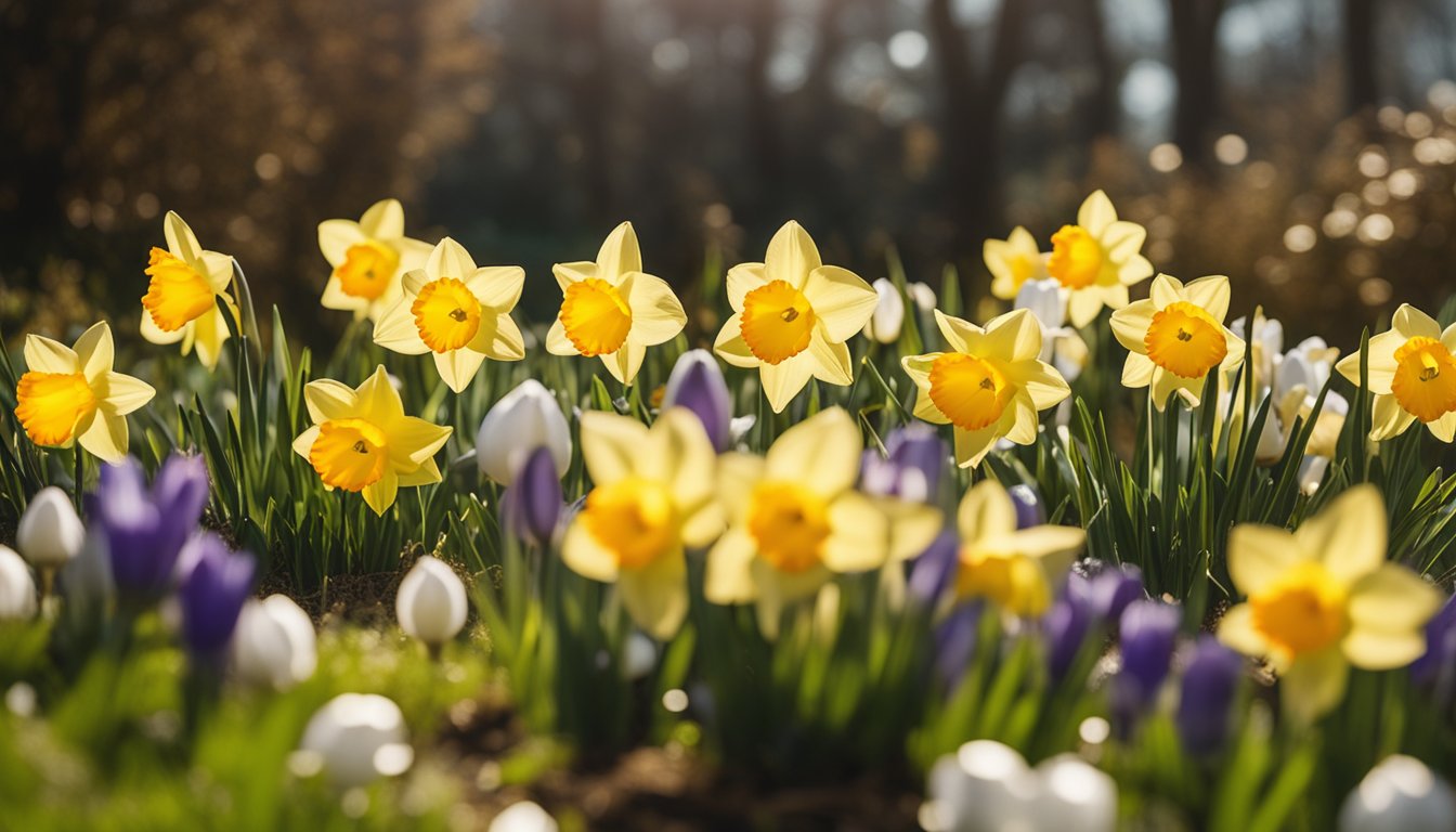 A colorful array of native UK bulbs bloom in a spring garden, including daffodils, crocuses, and snowdrops. The sun shines down on the vibrant flowers, creating a picturesque scene