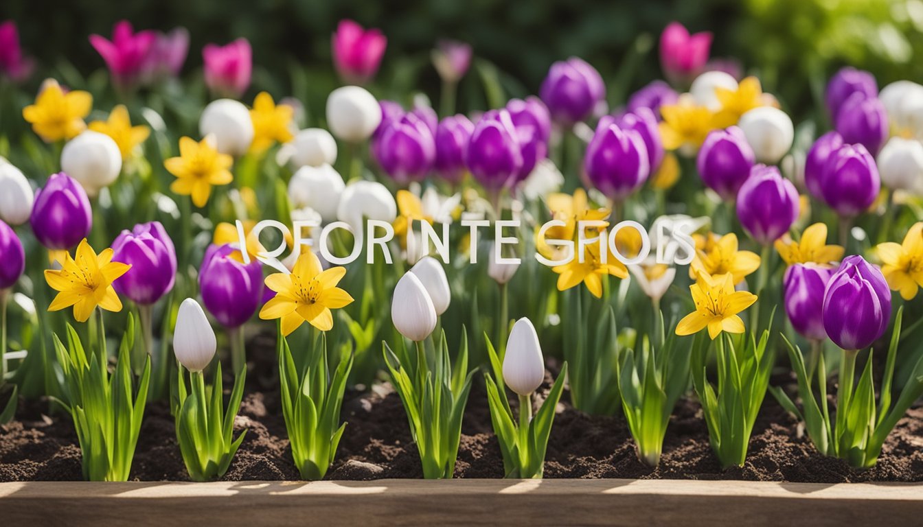 A garden bed filled with blooming native UK bulbs in various colors and sizes, with a sign reading "Frequently Asked Questions Native UK Bulbs For Spring Gardens" displayed prominently