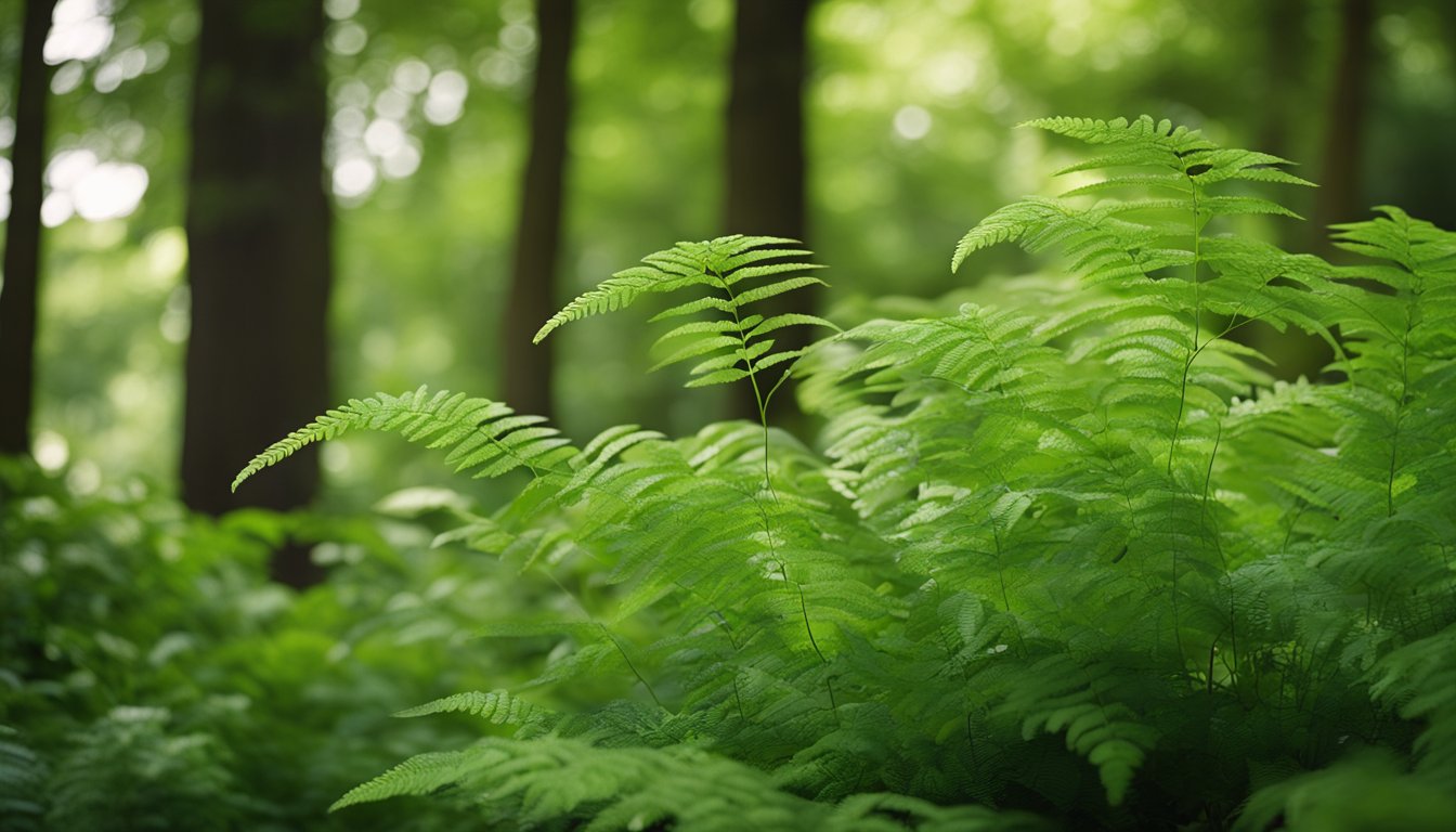 Lush green ferns and delicate woodland flowers thrive under the dappled shade of towering native trees in a tranquil UK garden