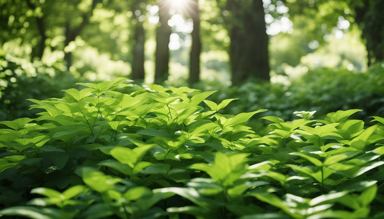 Lush green foliage of native shade plants in a UK garden, dappled sunlight filtering through the leaves, creating a peaceful and serene atmosphere