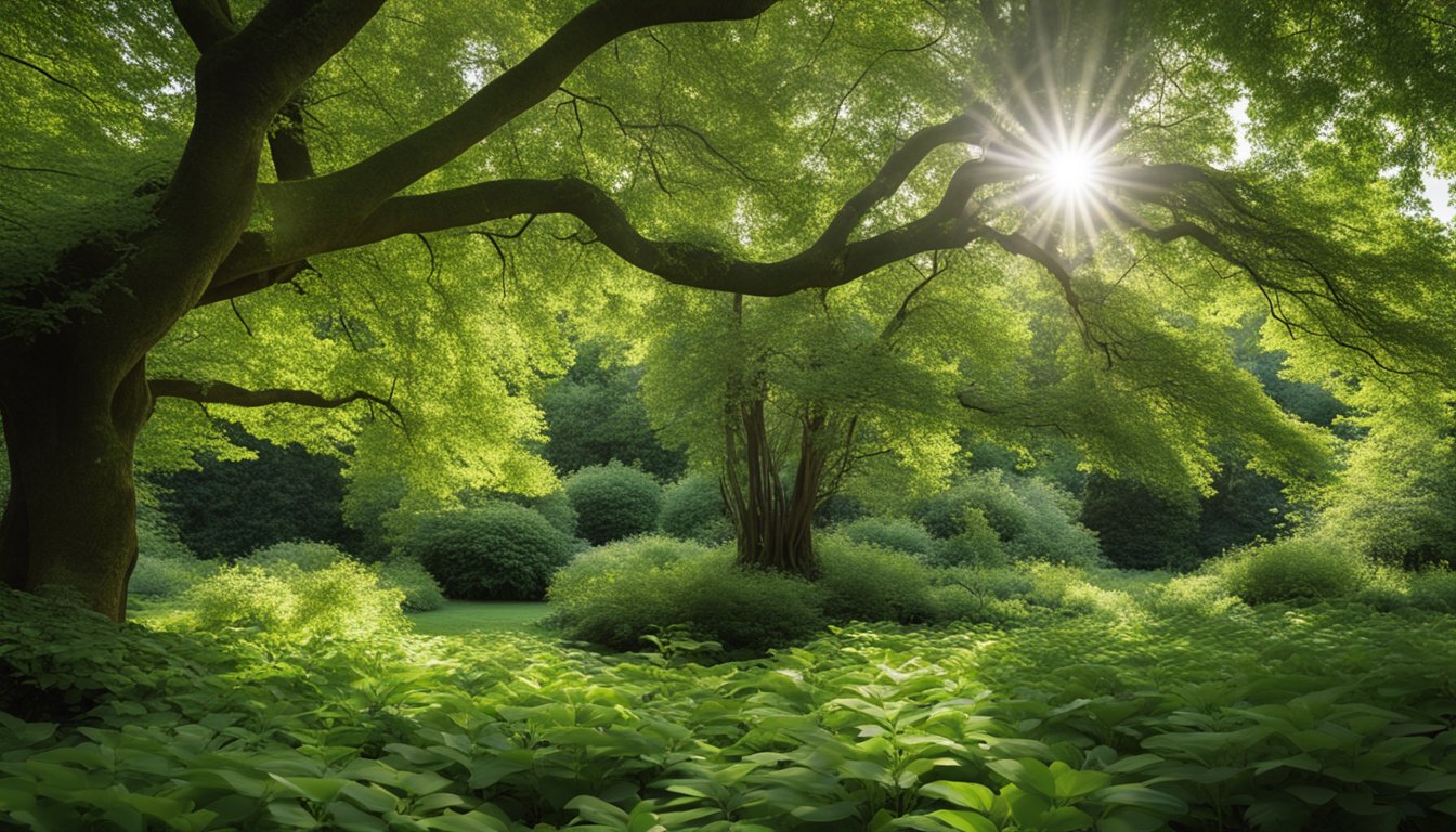 Lush green foliage of native shade plants thriving under tall trees in a UK garden, with dappled sunlight filtering through the branches