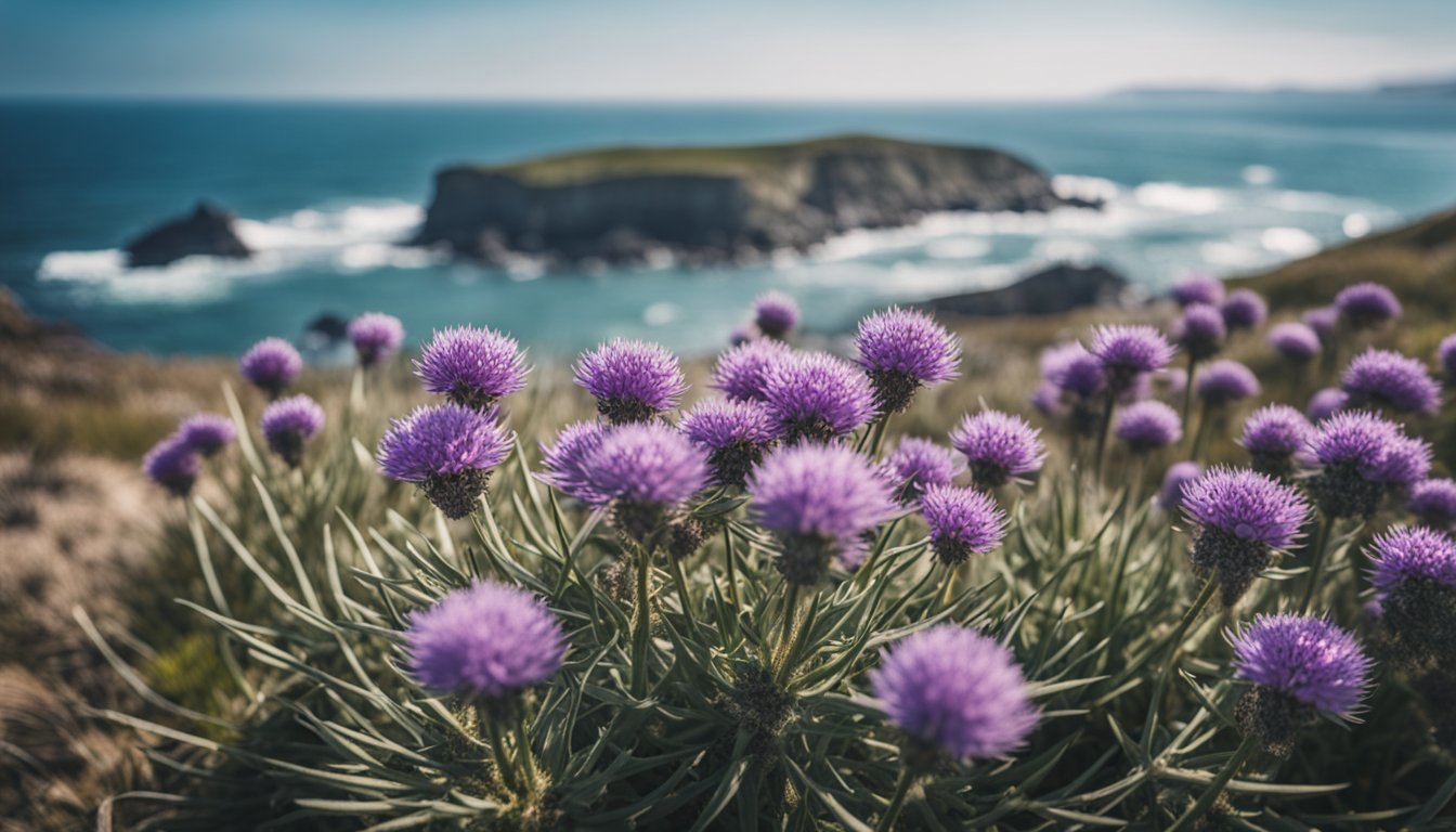 A rocky coastal landscape with sea thrift, sea holly, and sea lavender growing among the cliffs and sand dunes. Waves crash against the shore in the background