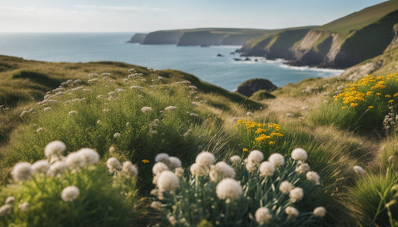 A coastal landscape with a variety of native UK plants, including ornamental and native flora, creating a diverse and vibrant ecosystem