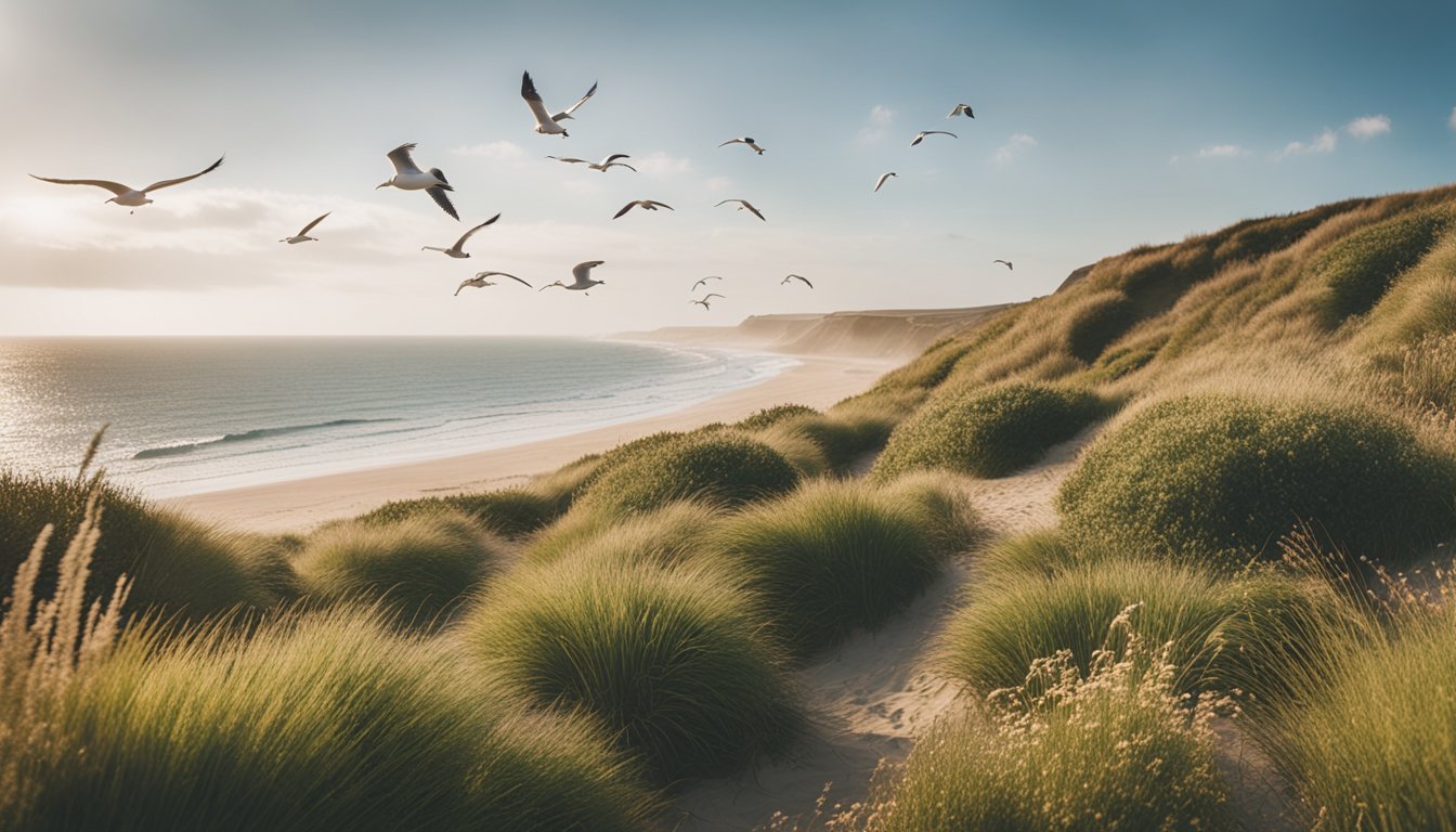 Lush coastal garden with native UK plants, waves crashing in the background. Sand dunes and seagulls add to the natural beauty