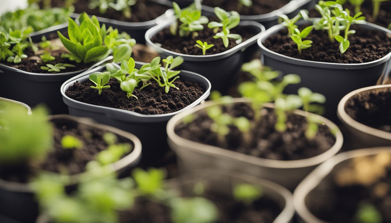 Native UK plants in various stages of propagation: seeds being sown, cuttings being taken, and divisions being made. Soil, pots, and gardening tools are present