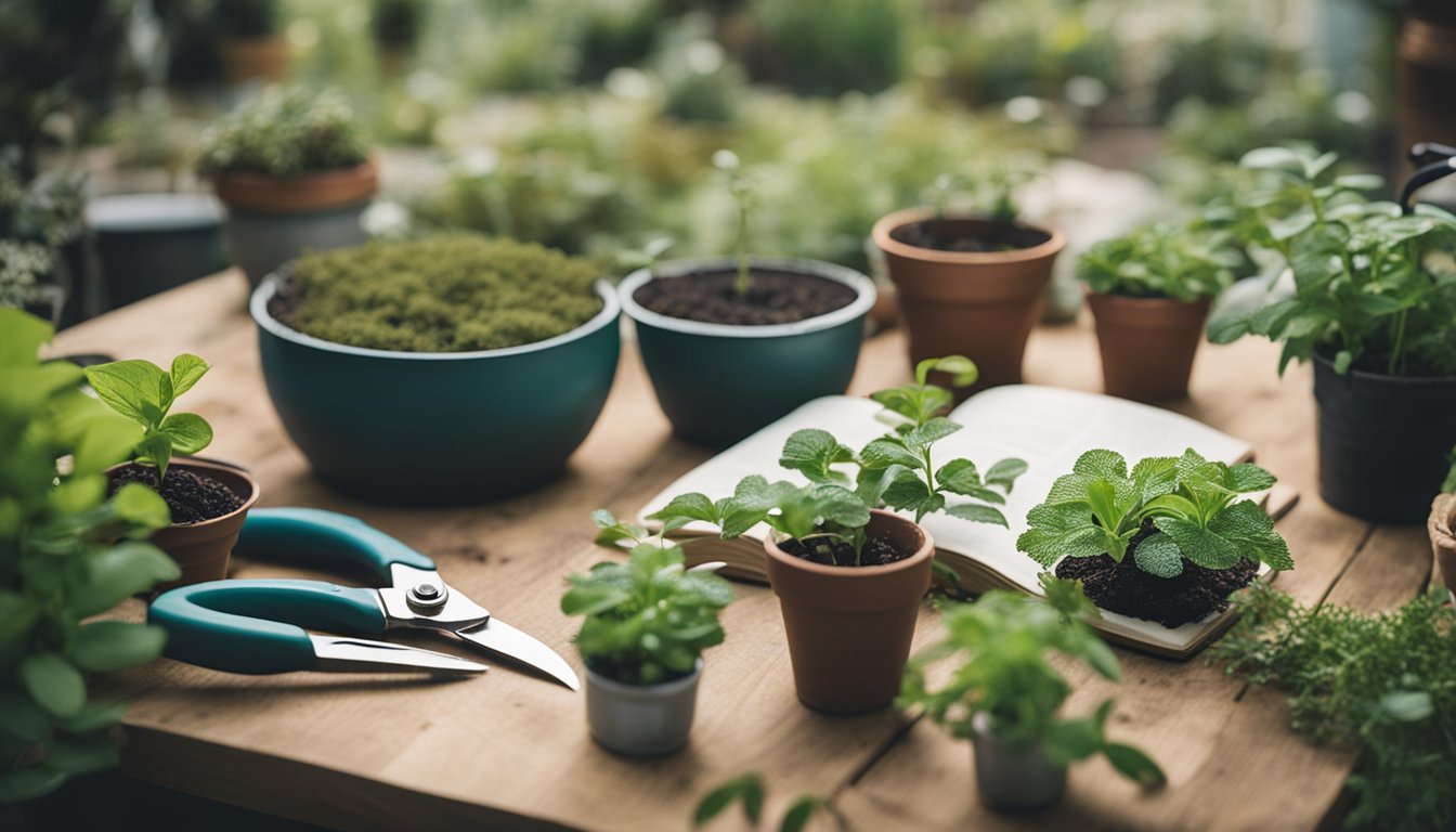 A garden table with pots, soil, and plant cuttings. A person's hand holding a pair of pruning shears. A book titled "Understanding Plant Propagation Techniques How To Propagate Native UK Plants" open on the table