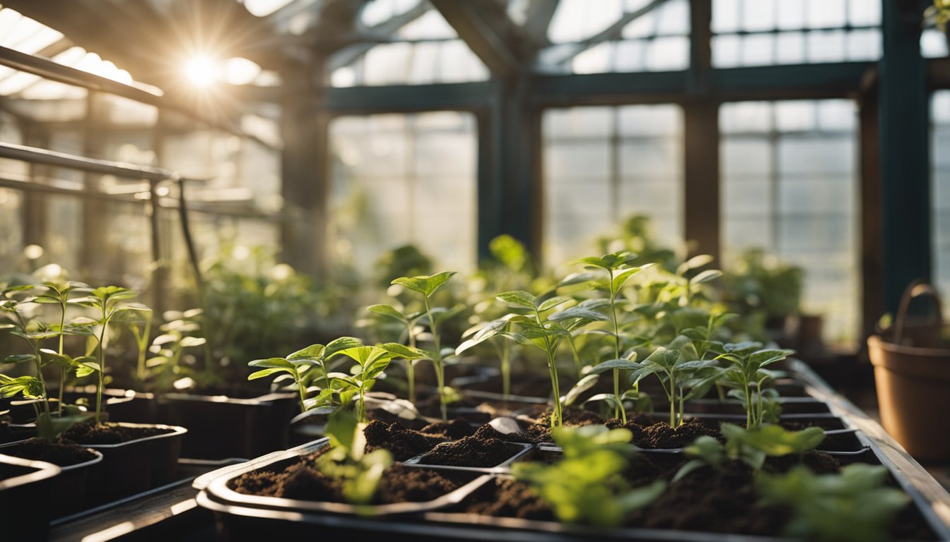 Native UK plants being carefully propagated in a greenhouse using soil, pots, and gardening tools. Bright sunlight streams in through the windows, illuminating the greenery