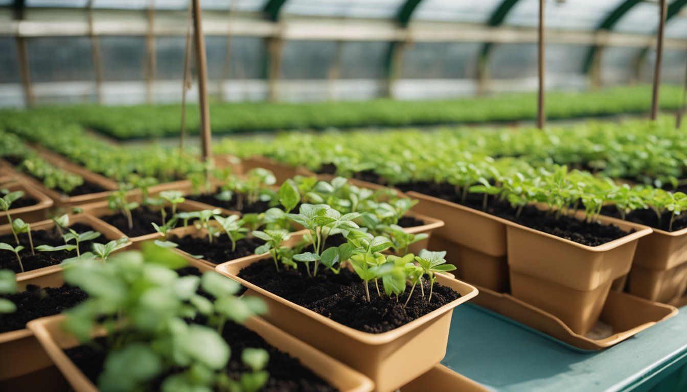 Native UK plants propagate in a greenhouse. Seedlings in trays, pots, and hanging baskets. Labels with plant names. Gardening tools and watering can nearby