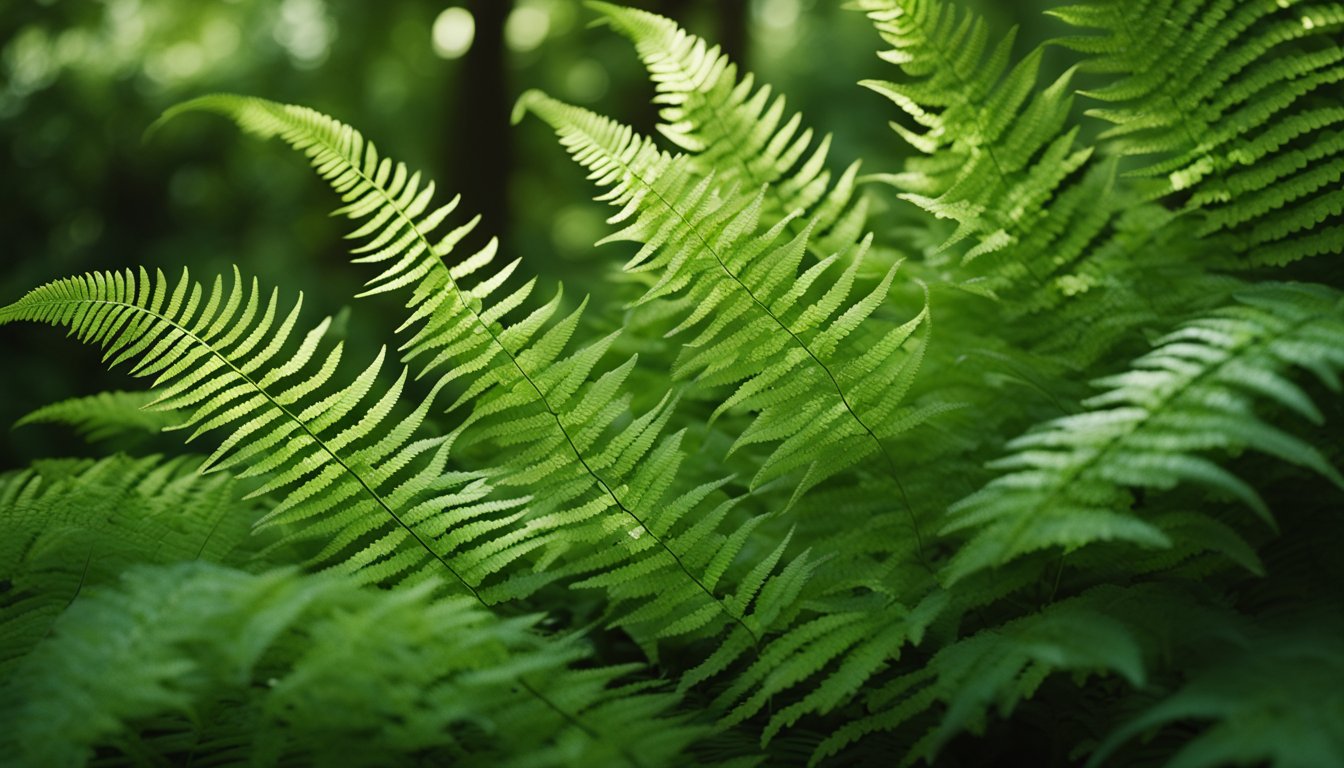 Lush green ferns thrive in dappled shade. Delicate fronds unfurl in a woodland setting, creating a tranquil and inviting atmosphere