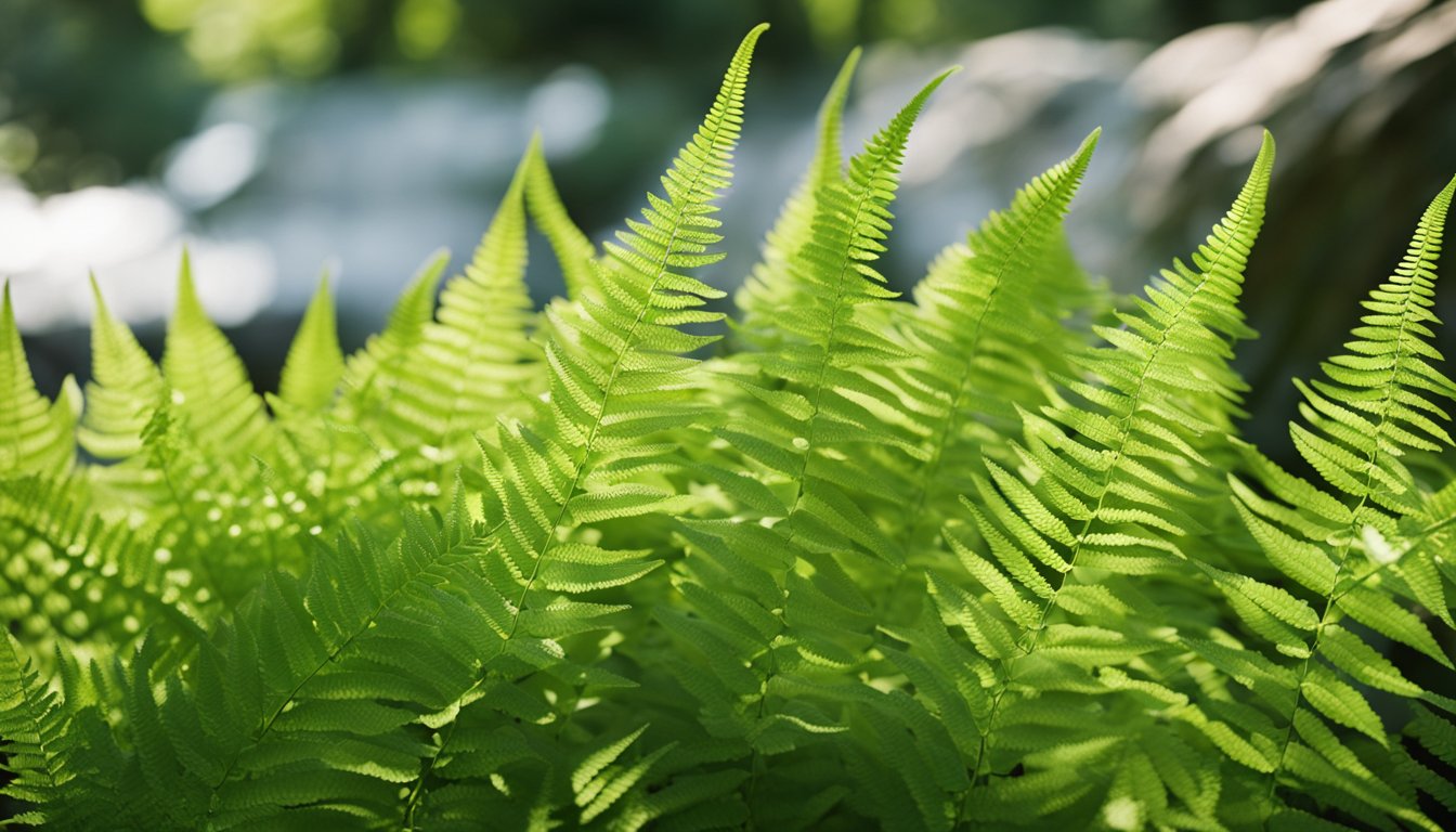 Lush green ferns thrive in a shaded garden, creating a peaceful and natural atmosphere. The delicate fronds add texture and movement to the landscape, providing a sense of tranquility and beauty