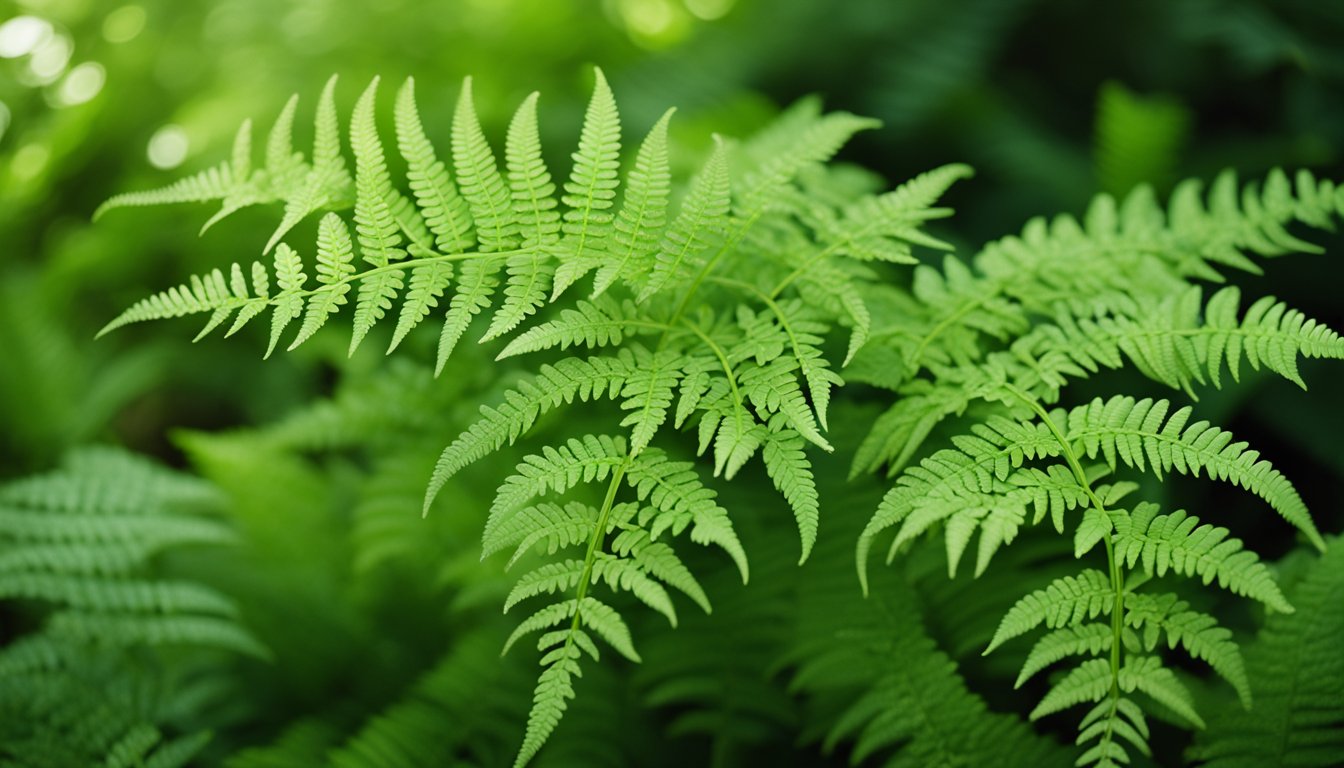 Lush green ferns thrive in the cool shade of a UK garden, their delicate fronds unfurling in a symmetrical pattern, creating a serene and tranquil atmosphere