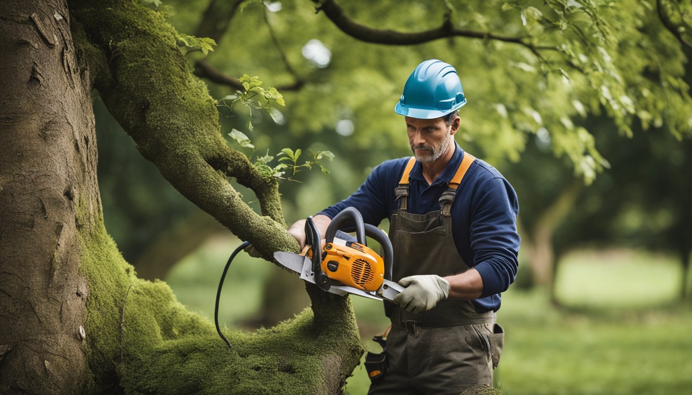 A tree surgeon uses a hand saw to prune branches from a mature oak tree in a British woodland. The tree's canopy is carefully shaped to maintain its health and appearance