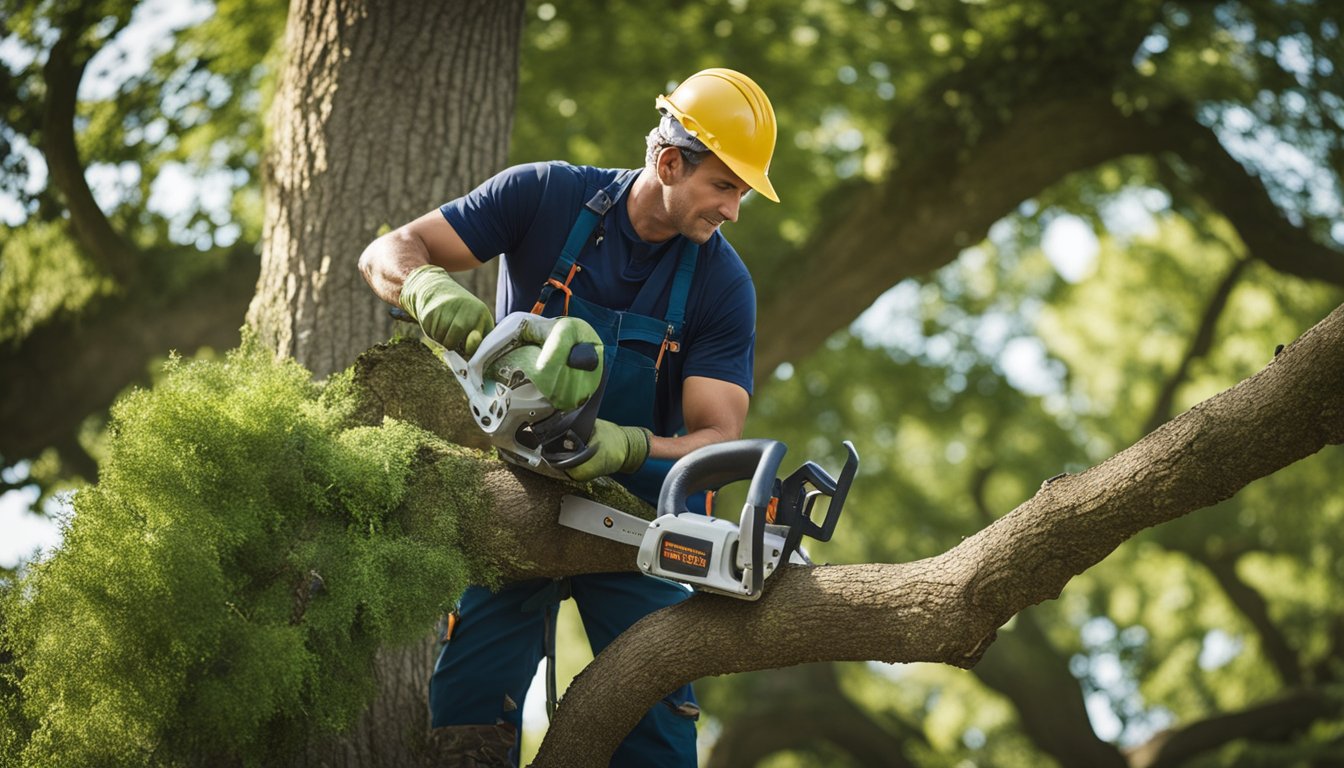 A tree surgeon carefully trims back branches on a mature oak tree, using precise cuts to promote healthy growth and maintain the tree's natural form