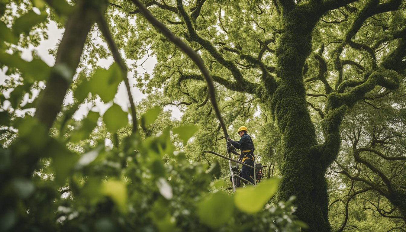 Native UK trees being pruned using various techniques. Tools and equipment scattered around the scene. Branches and leaves being carefully trimmed and shaped