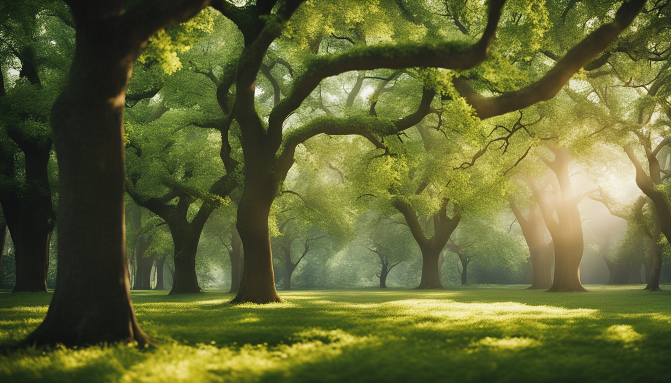 Lush green trees, like oak and beech, tower over a small urban garden. Birds flit among the branches, while dappled sunlight filters through the leaves