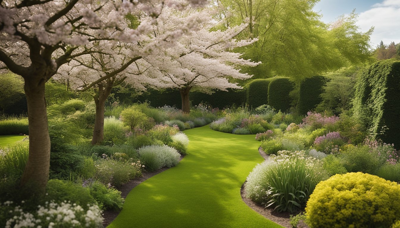 Lush urban garden with native UK trees: oak, birch, and cherry blossoms in full bloom, surrounded by small shrubs and flowering plants